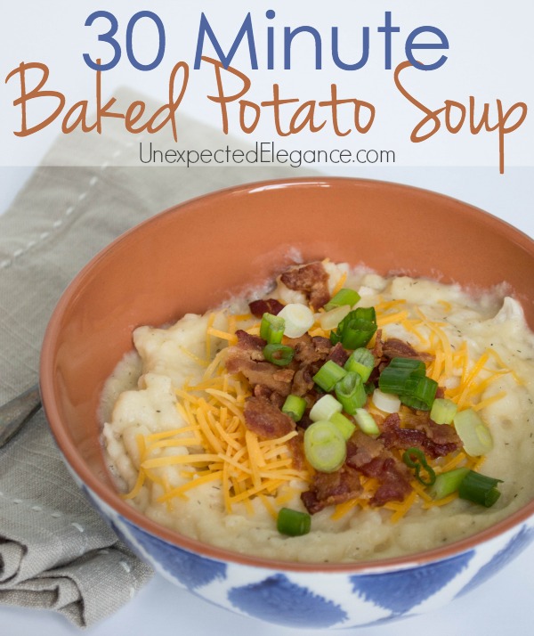 This is one of the best baked potato soup recipes I have ever had. The greatest thing about this recipe is you can make it in 30 MINUTES!