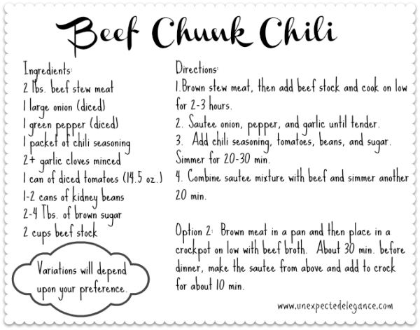 printable beef chunk chili recipe from Unexpected Elegance