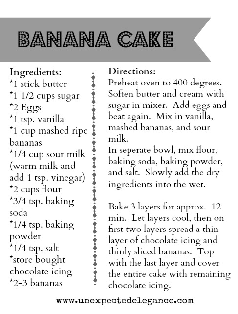 Banana Cake Recipe Card from Unexpected Elegance