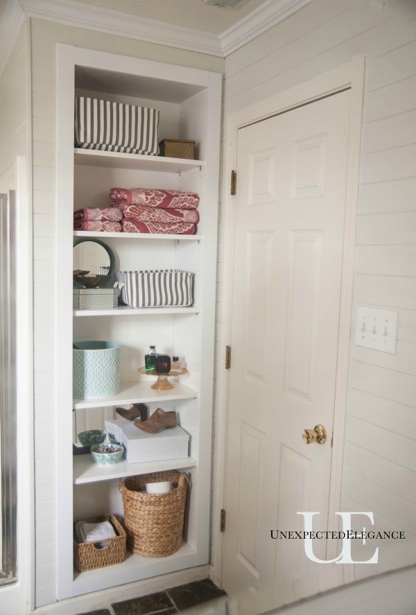 KM Decor: DIY: Organizing Open Shelving in a Bathroom