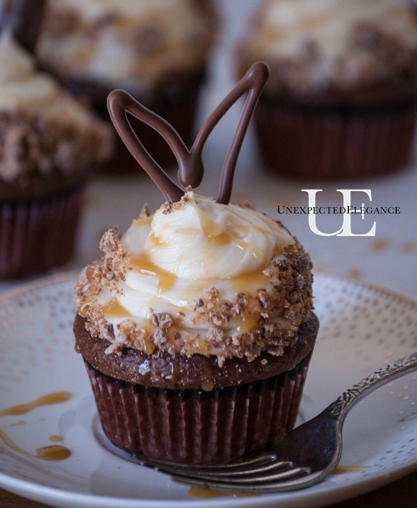 Salted Milky Way Cupcakes with Chocolate Bunny Ears #EatMoreBites #cBias