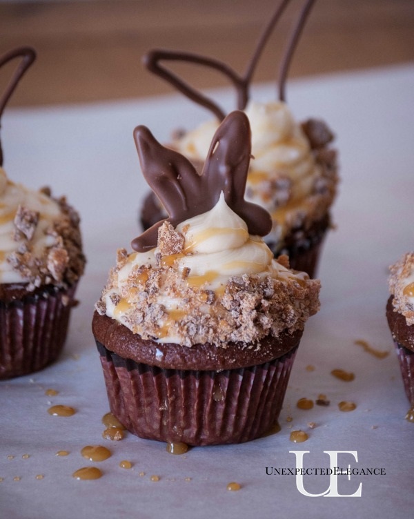 Salted Milky Way Cupcakes with Chocolate Bunny Ears #EatMoreBites #cBias