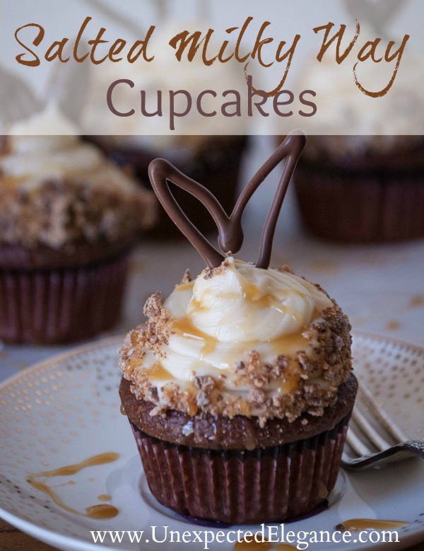 Salted Milky Way Cupcakes with Chocolate Bunny Ears #EatMoreBites #cBias