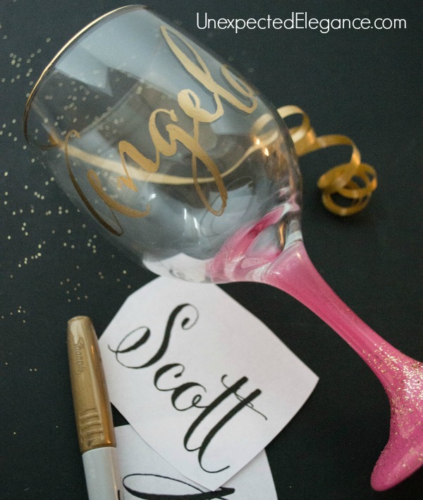 Get a quick tutorial for some fun New Year's Eve glasses. These personalized glasses can be given out as a favor or remove the names after the party and reuse!