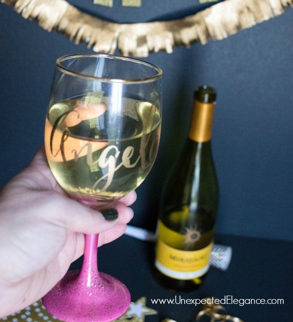 Get a quick tutorial for some fun New Year's Eve glasses. These personalized glasses can be given out as a favor or remove the names after the party and reuse!
