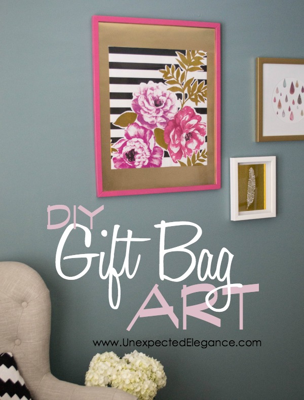 Artwork can be so expensive, especially larger pieces...but there is always a way to get around it.  You can make your own from a large piece of scrap wood, architectural salvage or GIFT BAGS!  Find out how to make easy DIY gift bag art!!