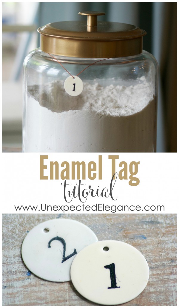 Check out this Enamel Tag Tutorial! You could use them to number bins in a playroom, as place cards at a wedding or to top off a favor. They are great for organizing.