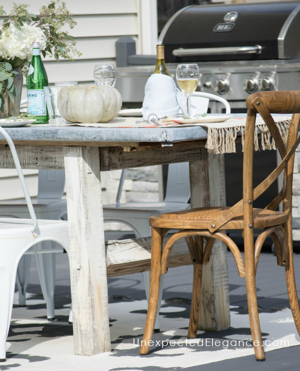 Check out a great DIY zinc outdoor table with links to help you make your own. The zinc ages perfectly outside and leaves a beautiful patina.