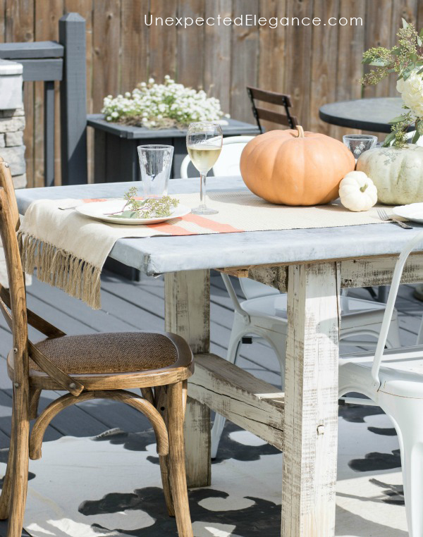 Check out a great DIY zinc outdoor table with links to help you make your own. The zinc ages perfectly outside and leaves a beautiful patina.