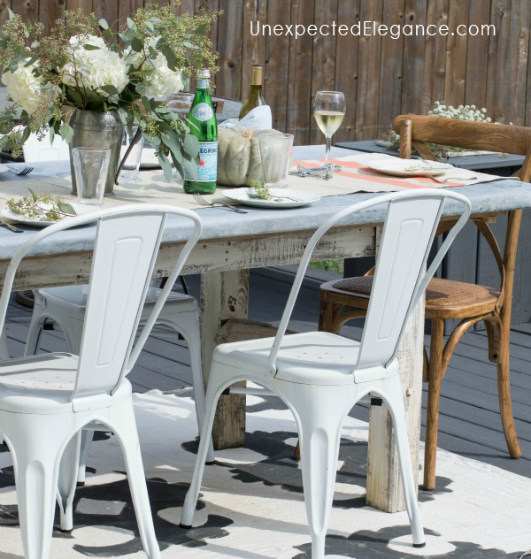 Check out a great DIY zinc outdoor table with links to help you make your own. The zinc ages perfectly outside and leaves a beautiful patina.