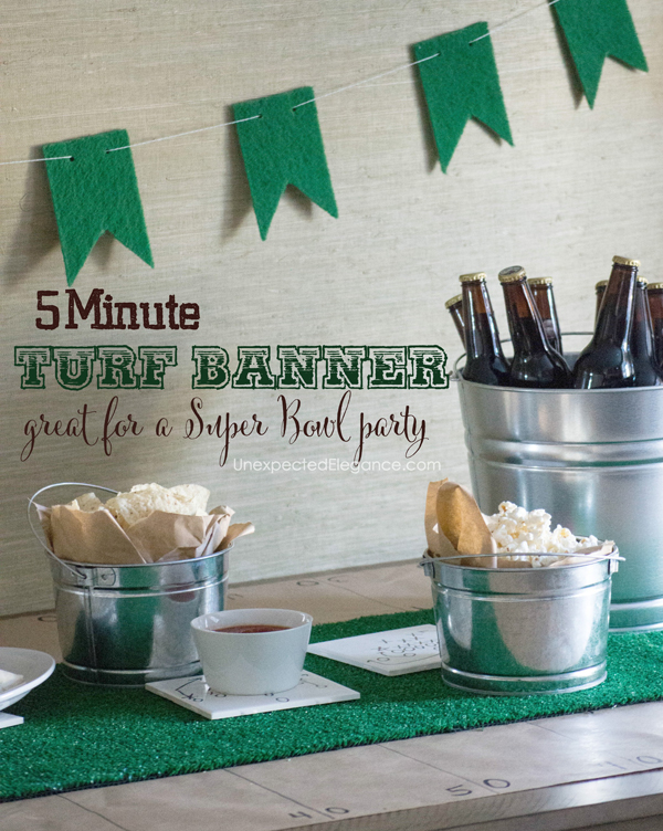 Are you hosting a Super Bowl party? Make this simple and quick turf banner to hang above the food or over the doorway. You're guest will never know how easy it was!