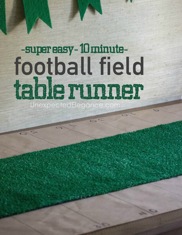 Get an easy and QUICK tutorial for football field table runner. This 10 minute craft will be a great addition to your Super Bowl Party!