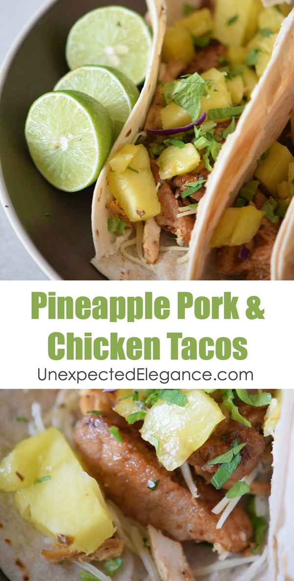 This Pineapple Pork & Chicken Tacos recipe are a fun take on traditional Mexican food, easy to whip up, and delicious!! Give them a try for an easy meal tonight!