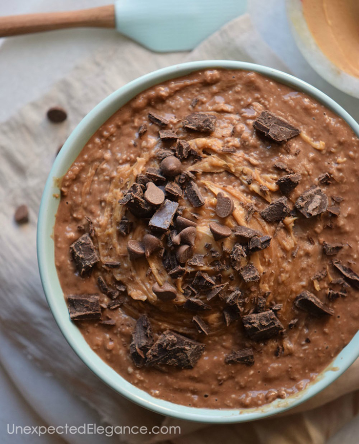 Try this yummy chocolate and peanut butter oatmeal! It's a great dish for breakfast OR DESSERT!
