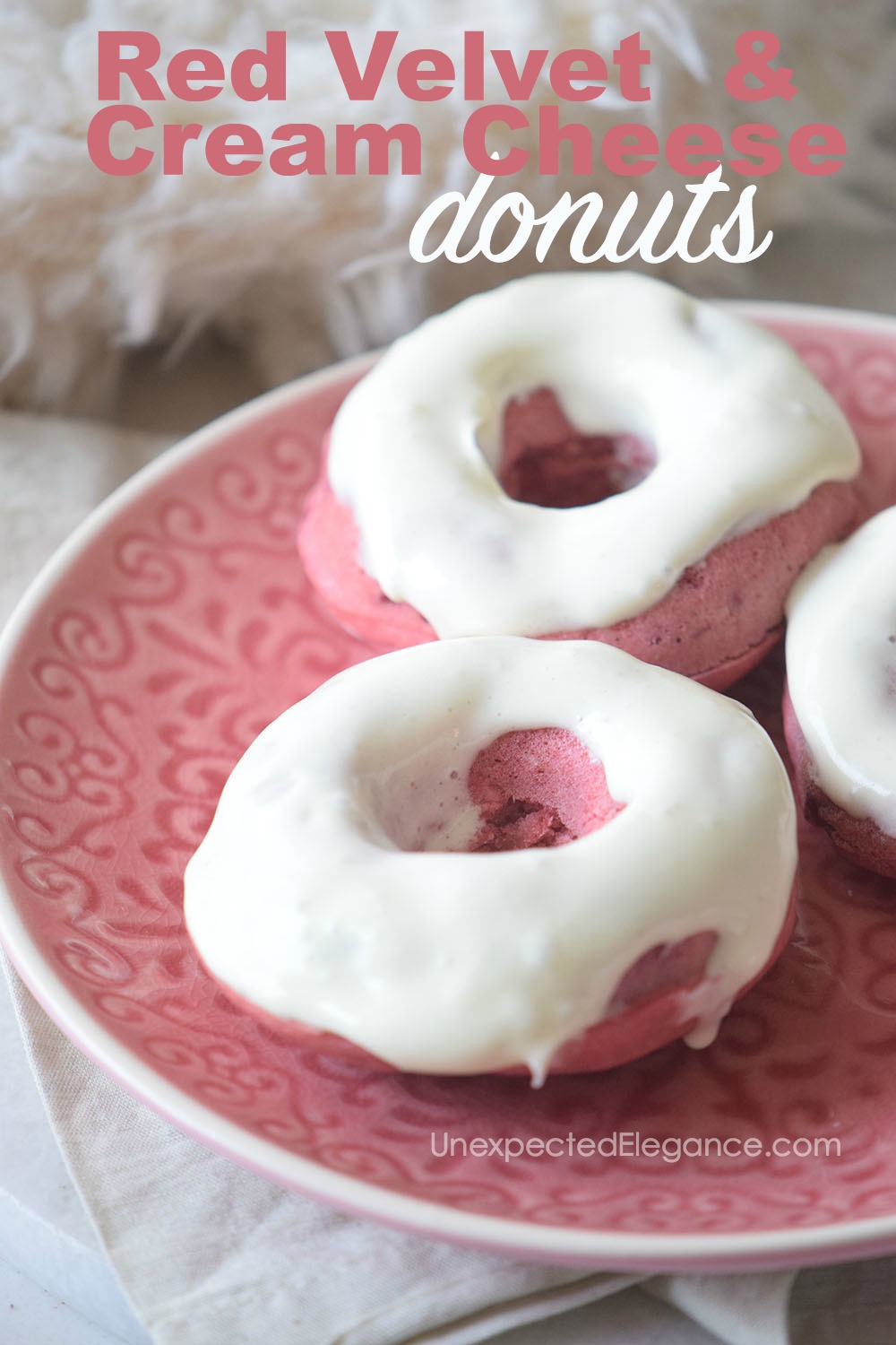 These Red Velvet donuts are so good...especially topped with cream cheese icing!! They are the perfect combo of cake and donut. They're also a great Valentine's Day treat.