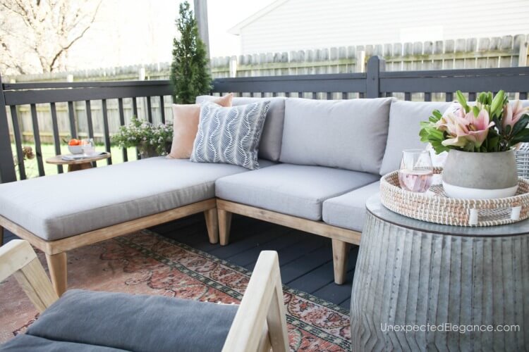 If you want to add some comfortable outdoor seating to your patio, check out this amazing sectional.  It is large enough for a crowd!