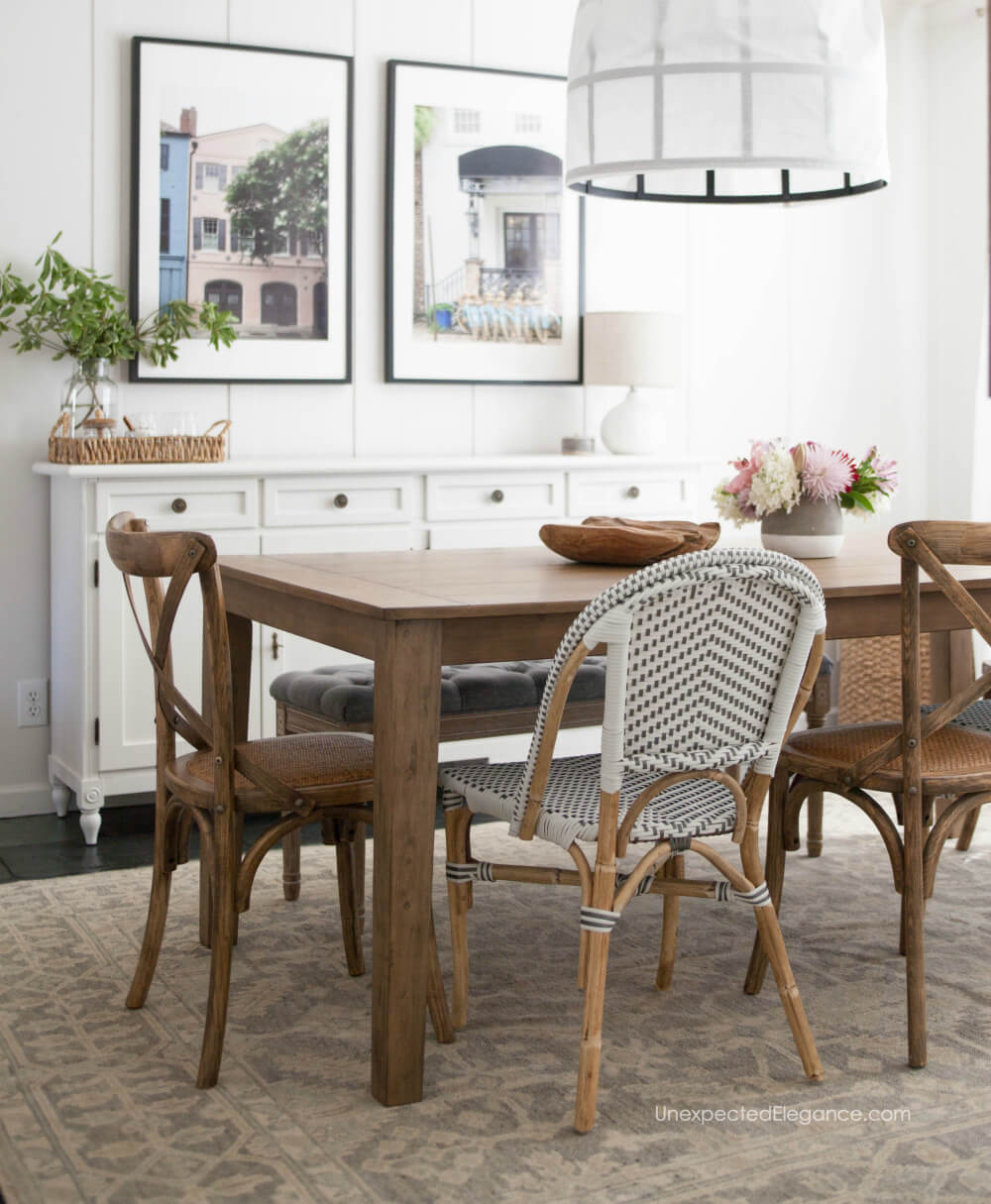 Casual and elegant farmhouse style dining room makeover. Get all the details!