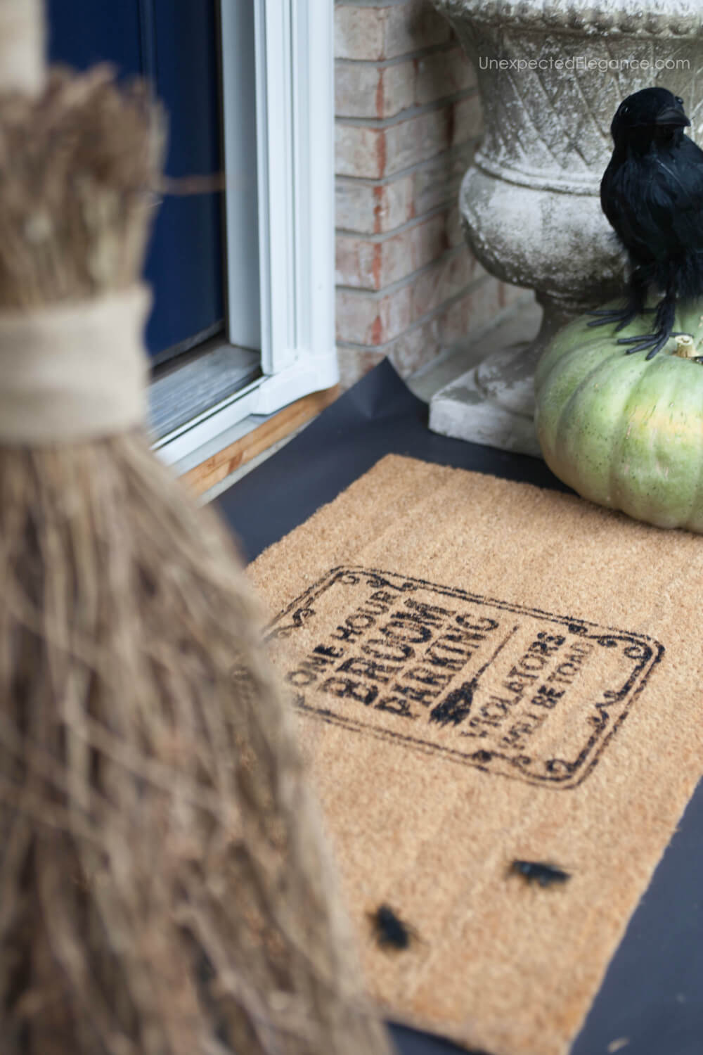 Get the tutorial for the cute doormat and “smokey” cauldron to go with your Halloween themed porch decor.