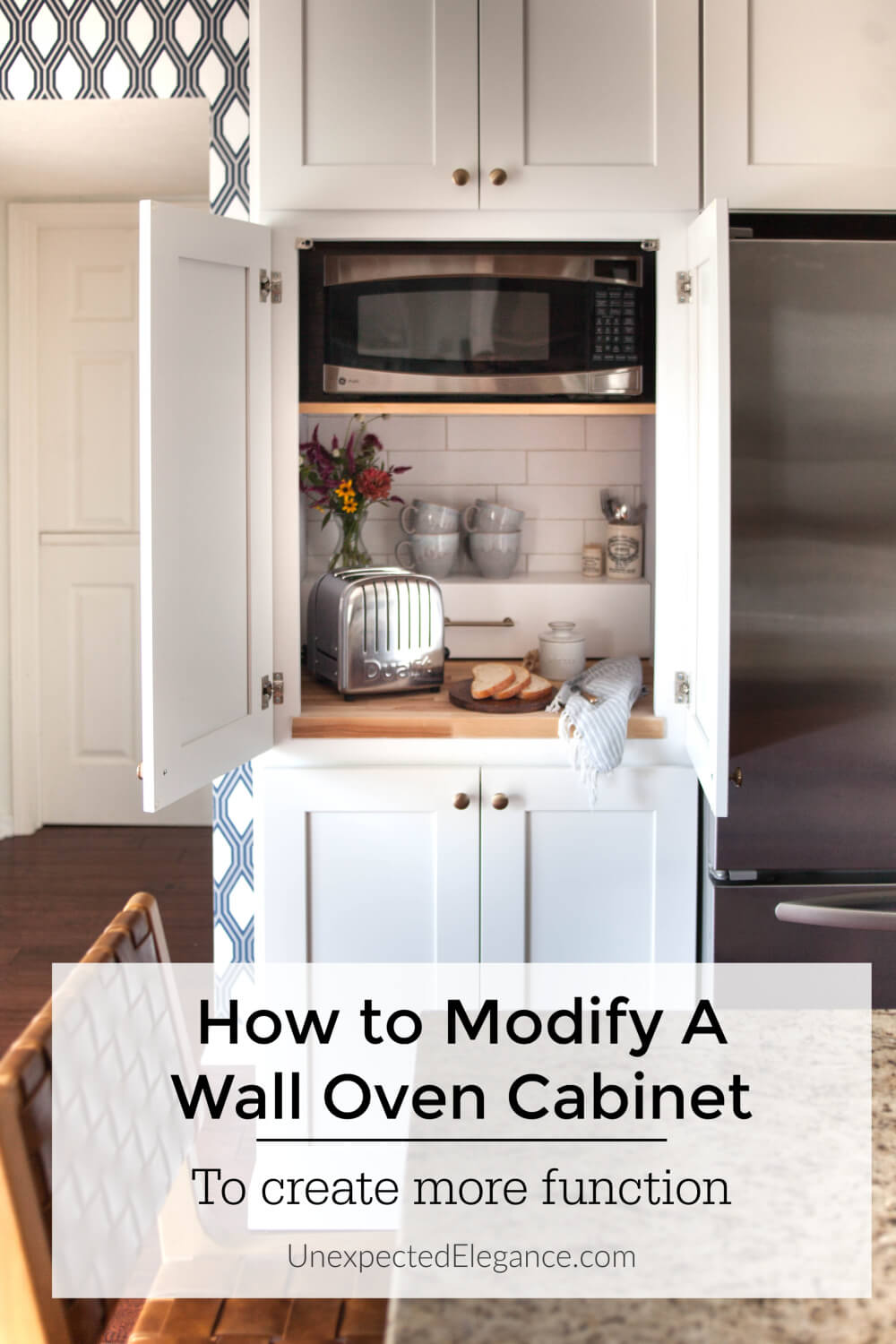 Take your unused wall oven and make it more functional!
See how to modify a single wall oven cabinet to house your small appliances and give you some extra countertop space.
